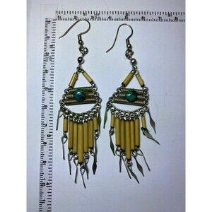 Turquoise Cabochon Bamboo Peruvian Style Dangle Earrings Fishhook